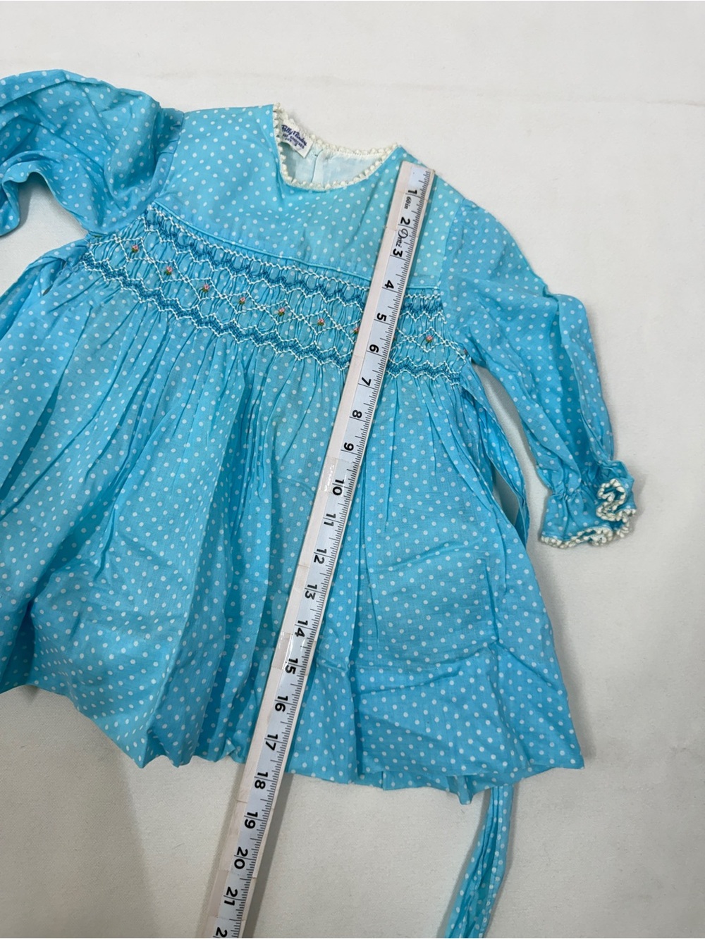 Polly Flinders Girls Vintage Hand Smocked Polka Dot Dress Blue Size 3 Picot Trim - Picture 7 of 9